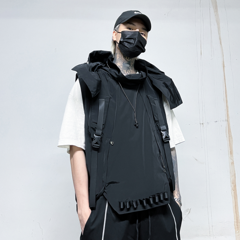 暗黑立体袋伞兵机能工装冲锋连帽马甲背心男潮流炸街坎肩MJ68P125图片