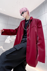 秋冬亮皮挂链鳄鱼纹外套男宽松潮流高级感发型师西服 XF25 P135图片