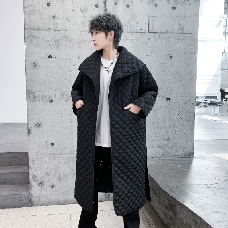 冬季菱形格宽松中长款过膝棉衣男潮流保暖棉服风衣外套F506P155,男装风衣,星座101A-3