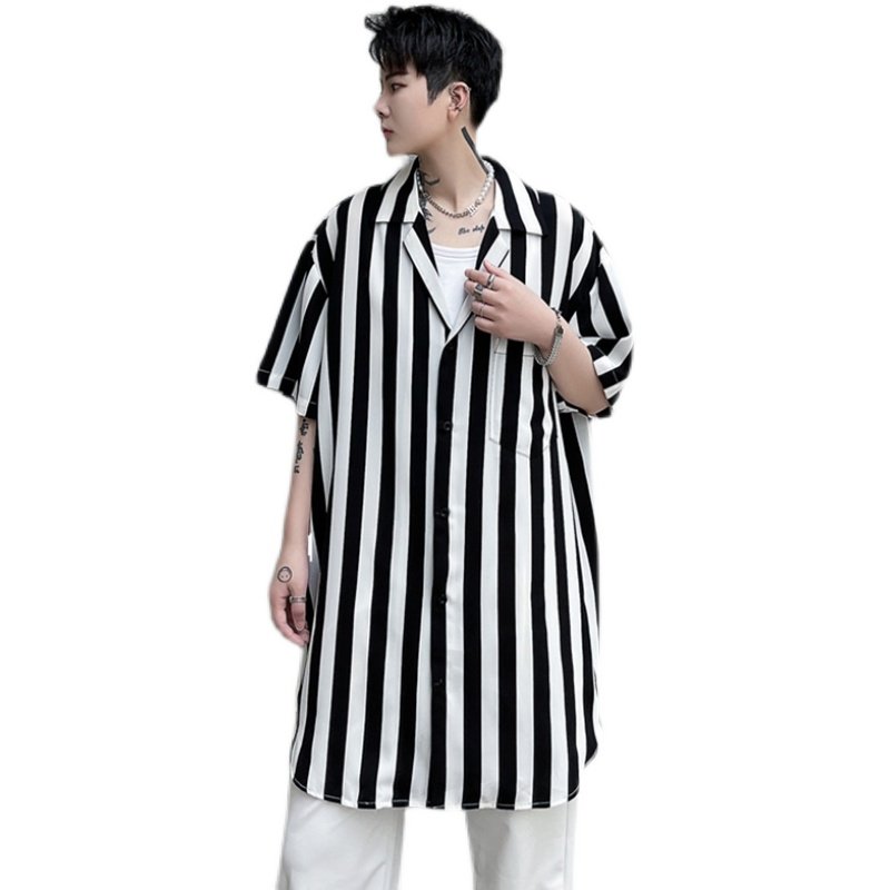 夏季短袖衬衫男条纹潮流宽松帅气冰丝垂感发型师潮搭衬衣C233P65,男装T恤,星座101A-3