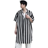 夏季短袖衬衫男条纹潮流宽松帅气冰丝垂感发型师潮搭衬衣C233P65，男装T恤，星座101A-3