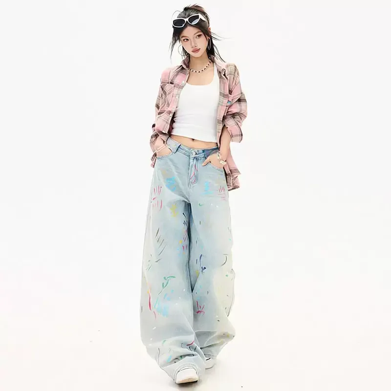 春装新款印花阔腿裤女装直筒裤辣妹复古风牛仔女裤港式2026年爆款