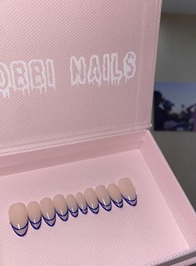 BOBBINAILS简约手绘克莱因蓝法式线条小众INS风可拆卸穿戴甲成品