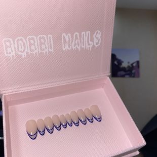 BOBBINAILS简约手绘克莱因蓝法式 线条小众INS风可拆卸穿戴甲成品