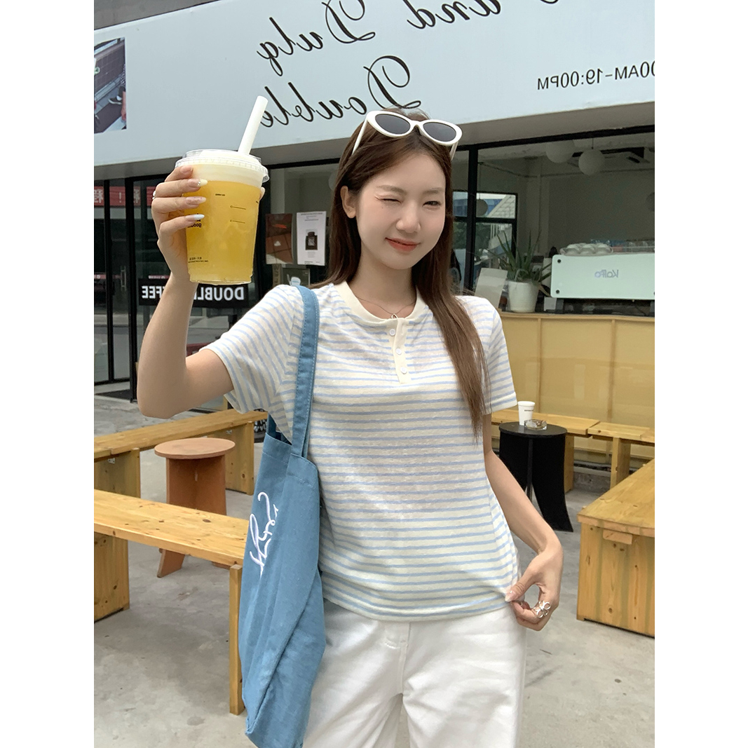 莫代尔210克短袖t恤夏2025新款潮条纹短款修身圆领上衣女装