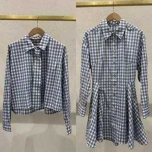 法式小众26早春新款小清新学院风蓝白格领带衬衣POLO领衬衫连衣裙