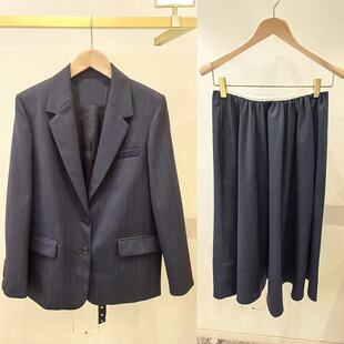 法式小众 2026早春通勤竖条纹单排扣腰带西装外套伞裙半身裙套装