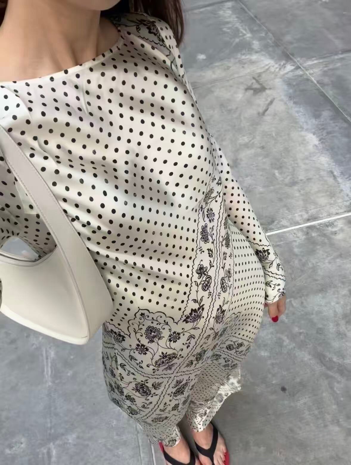 26春法式波点印花长袖连衣裙女收腰显瘦长款气质修身包臀鱼尾长裙