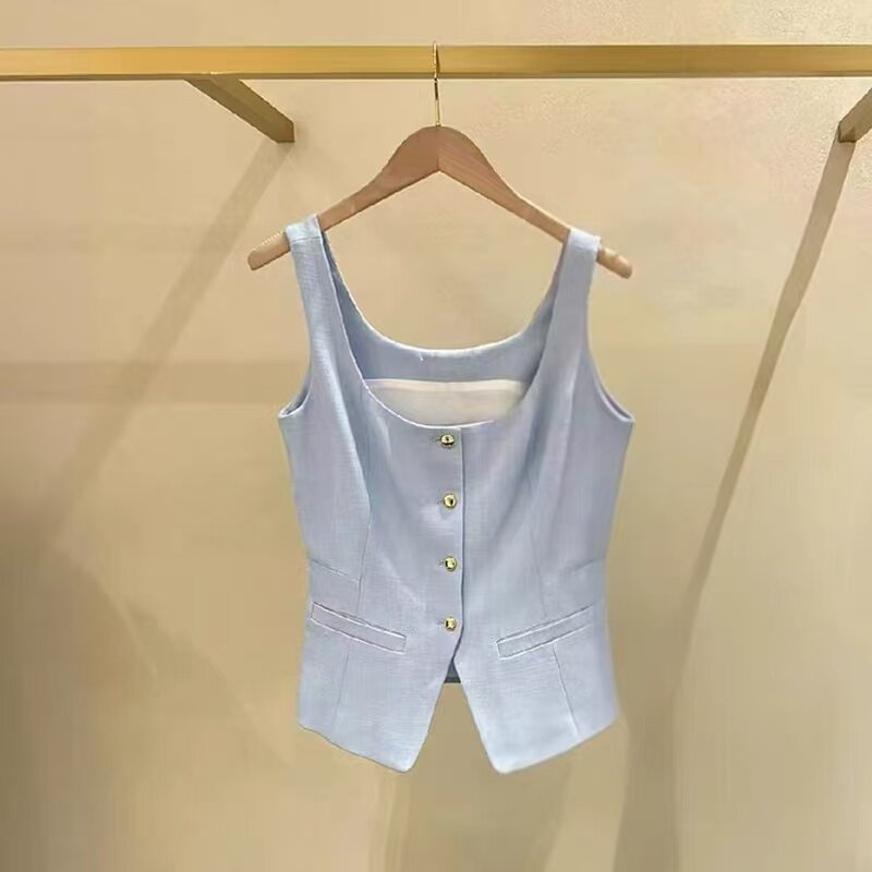 2026春夏新款女装法式时尚纯色单排扣无袖收腰马甲上衣