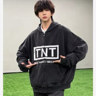 TF家族四代陈奕恒同款美式复古水洗做旧拉链卫衣男女重磅开衫外套