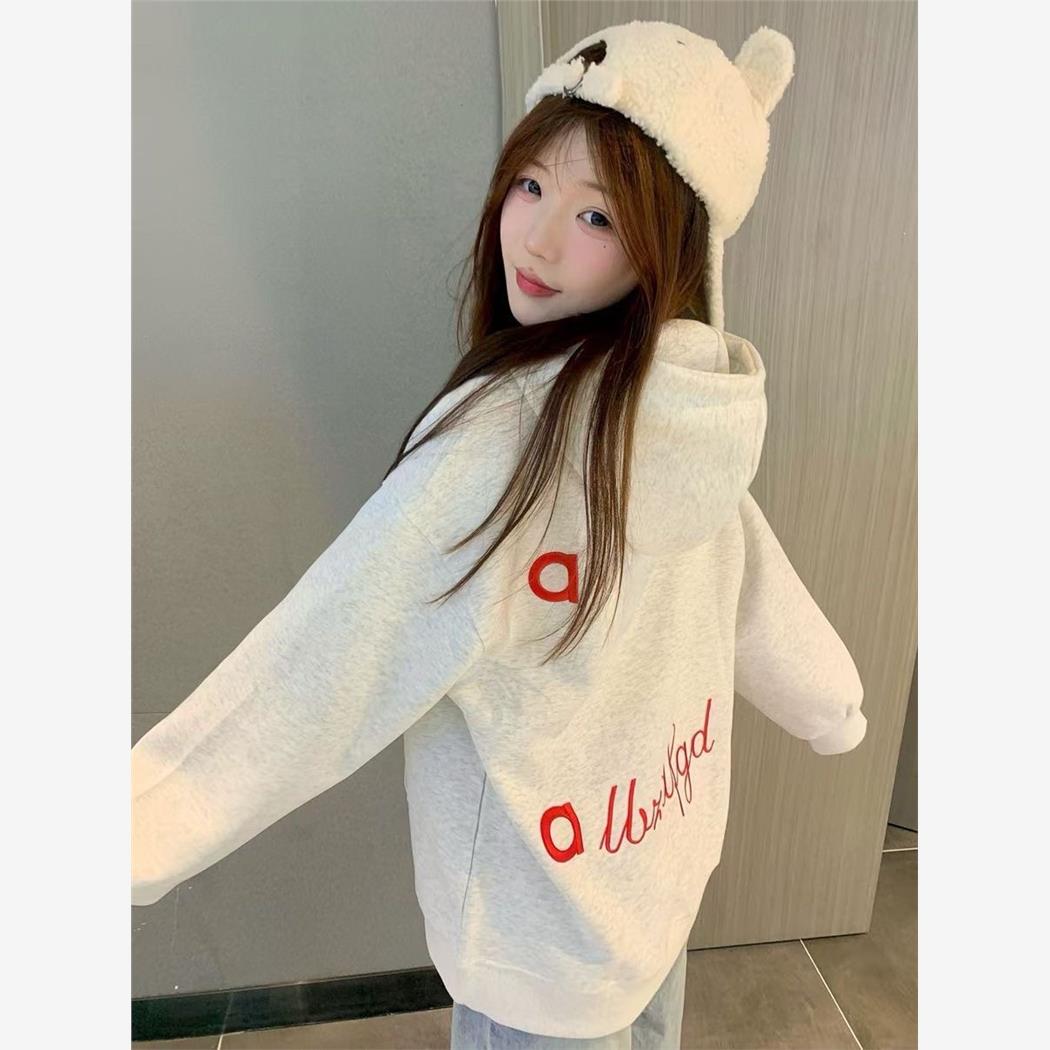 美式复古重磅纯棉灰色连帽卫衣女2025秋冬新款宽松懒惰风情侣上衣