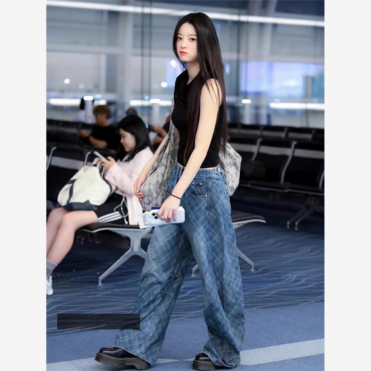 Minju同款蓝色格纹休闲裤宽松牛仔长裤拖地裤弯刀裤女高腰阔腿裤