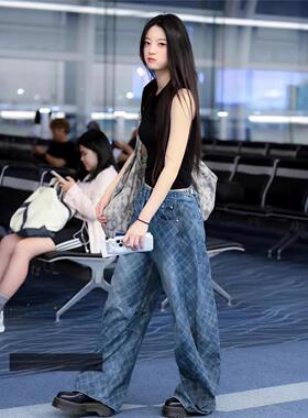 Minju同款蓝色格纹休闲裤宽松牛仔长裤拖地裤弯刀裤女高腰阔腿裤