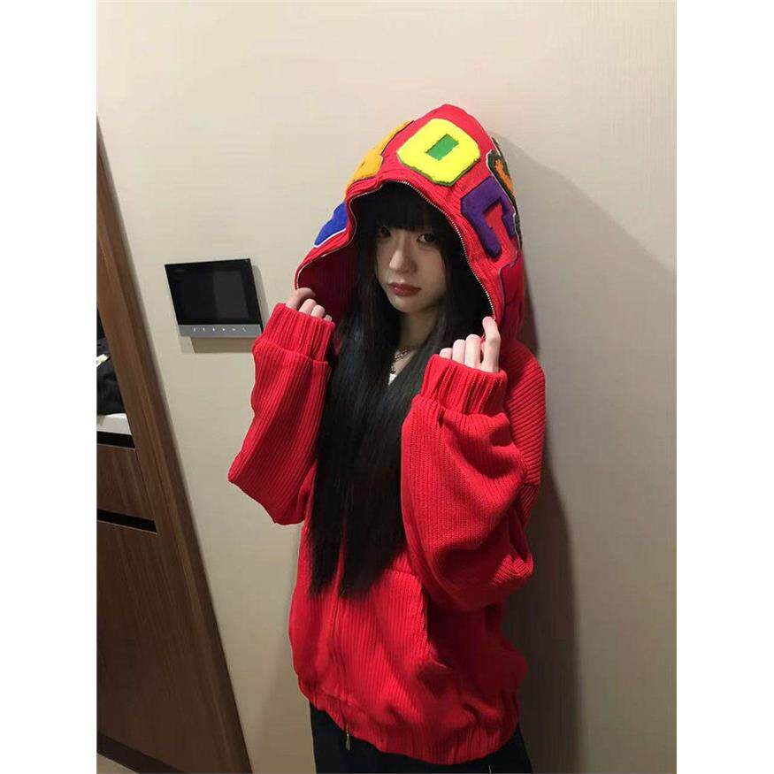 美式复古毛巾绣字母连帽开衫卫衣女秋冬新款圣诞氛围感情侣外套