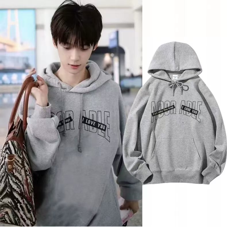 梓渝YUNI同款复古灰色字母连帽衫卫衣宽松套头秋冬加绒男女上衣服