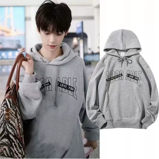 梓渝YUNI同款复古灰色字母连帽衫卫衣宽松套头秋冬加绒男女上衣服