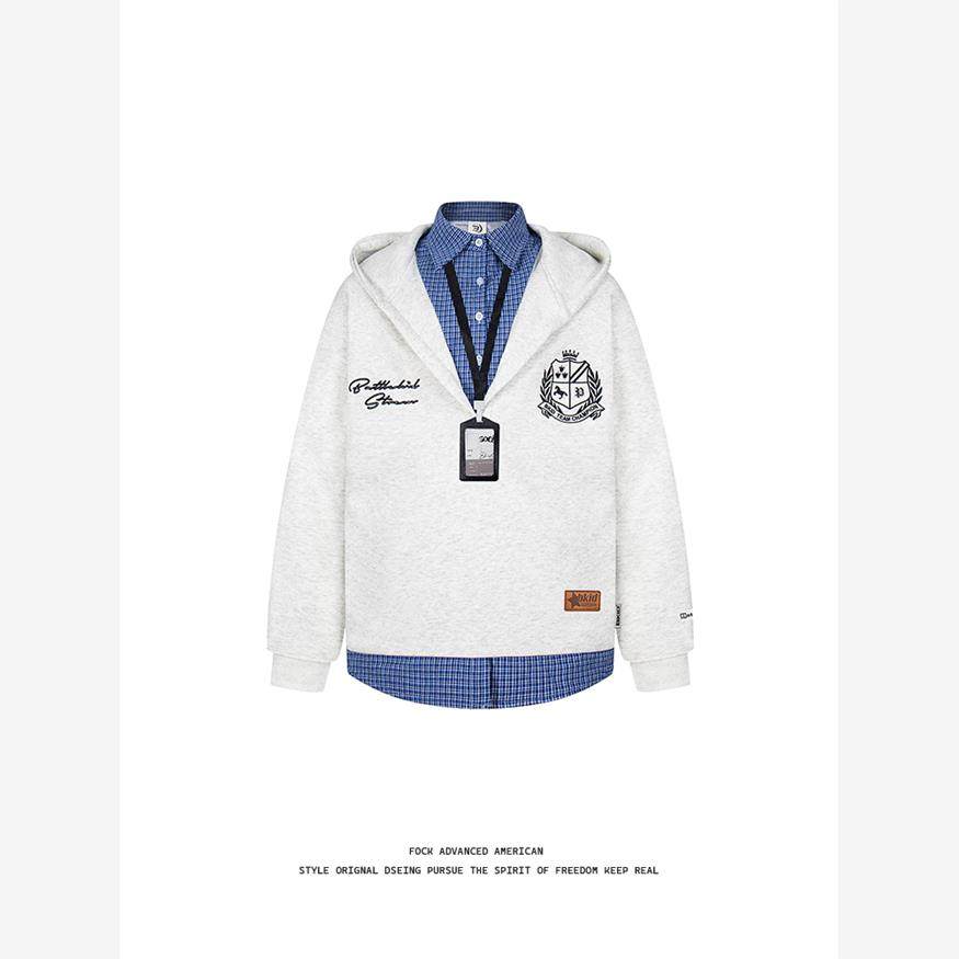 原创美式复古学院风假两件格子衬衫拼接连帽卫衣男女情侣百搭外套