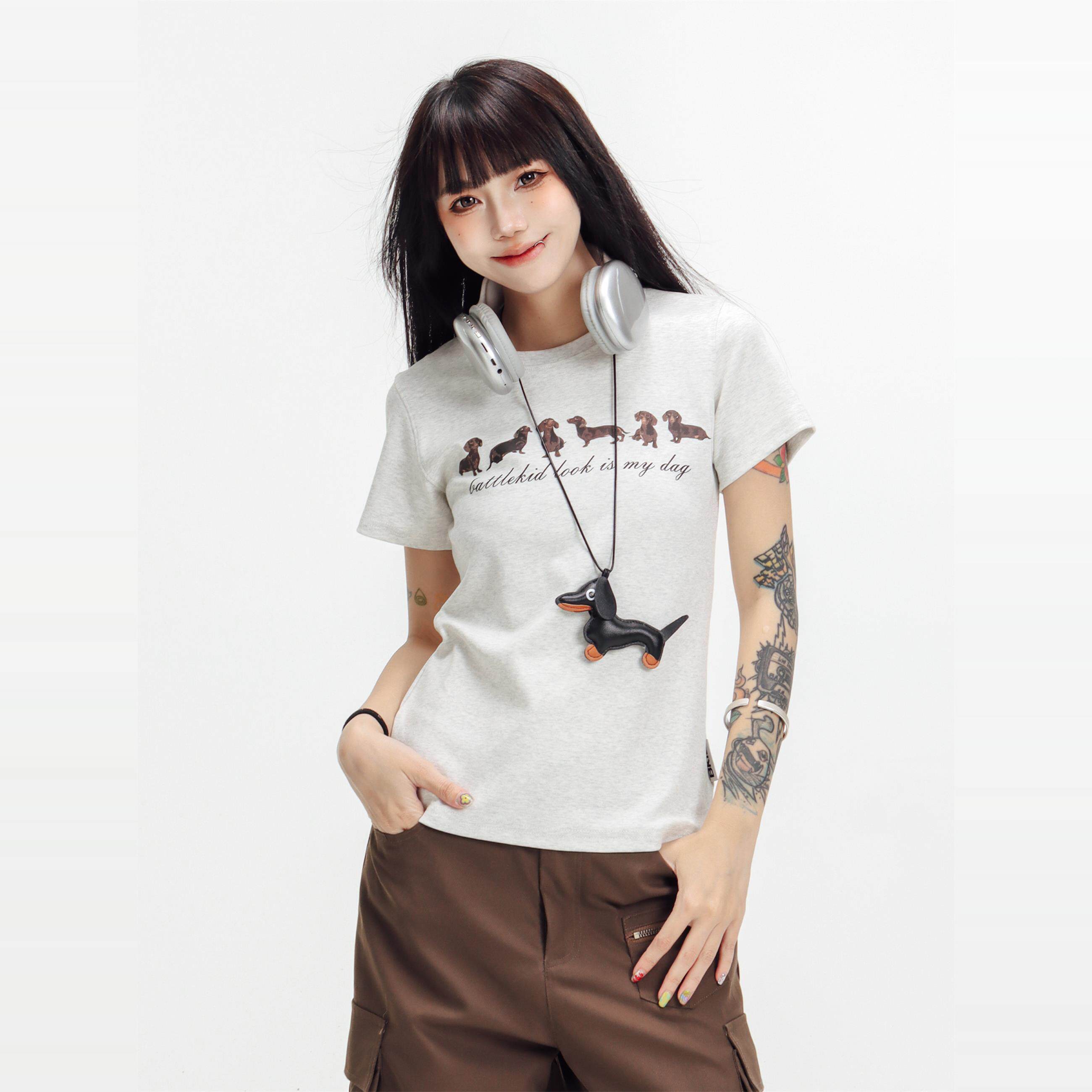 KESOAK美式正肩小狗印花短款体恤女夏季百搭修身显瘦短袖上衣T恤