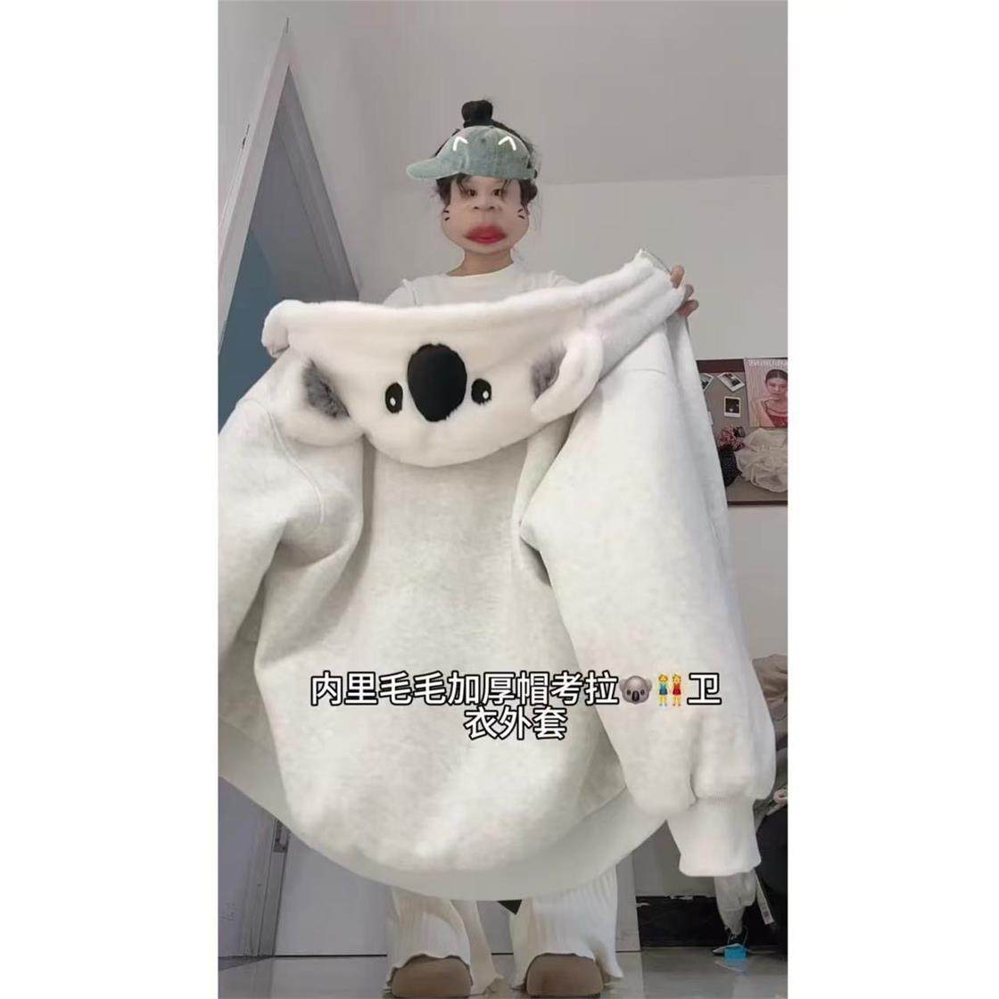 美式复古考拉连帽加绒加厚卫衣外套女秋冬季加棉保暖可爱宽松潮牌