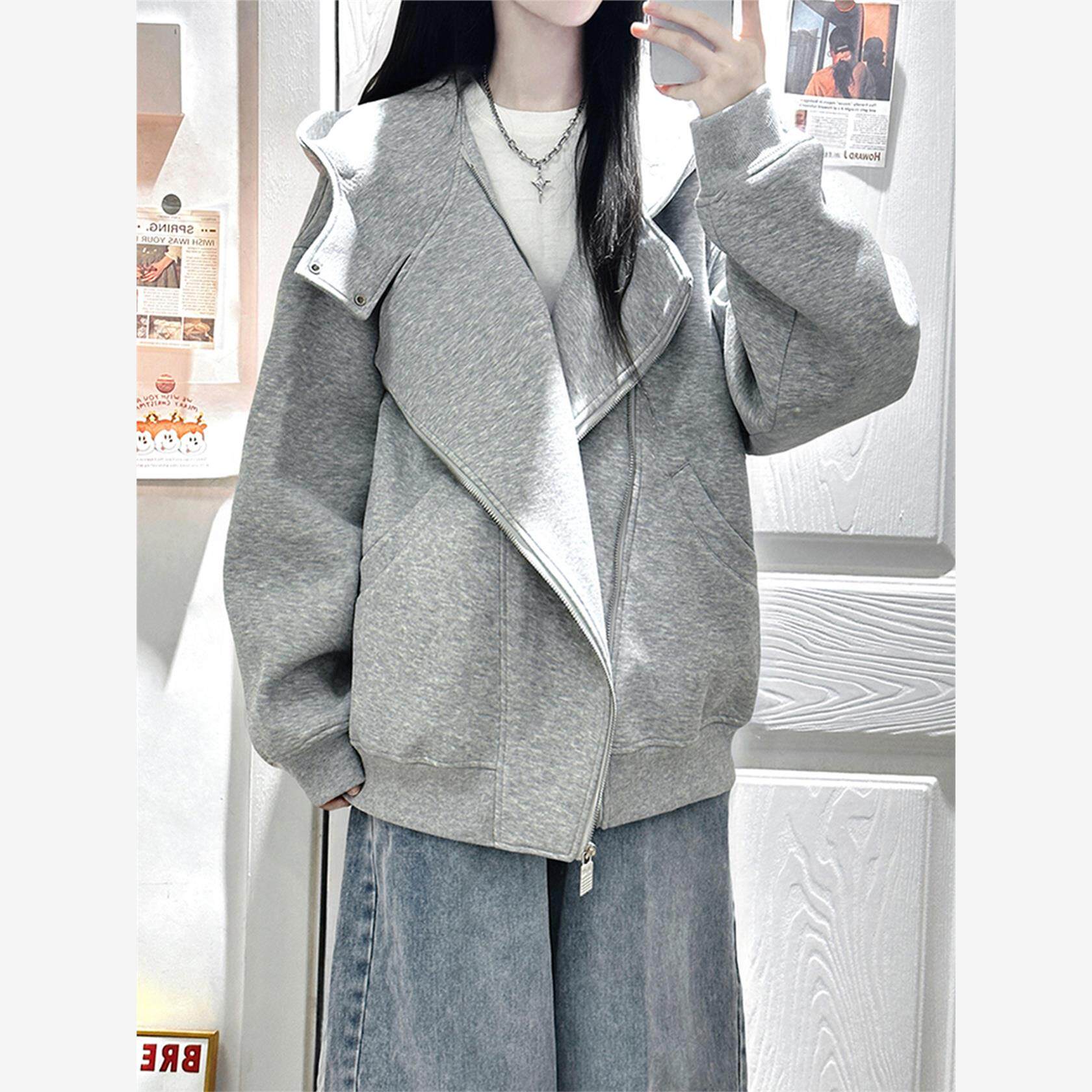 不规则双拉链连帽早秋外套女2025新款春秋季薄款休闲加绒开衫卫衣