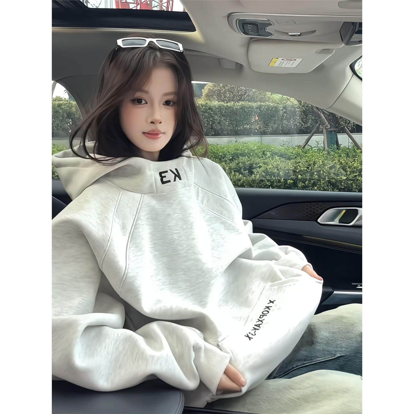 白花灰重磅硬挺拼接刺绣高领卫衣男款秋季潮牌连帽衫美式复古外套