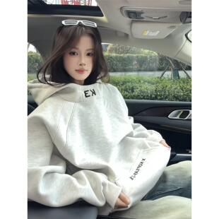 白花灰重磅硬挺拼接刺绣高领卫衣男款秋季潮牌连帽衫美式复古外套