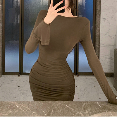 性感纯欲修身抽褶喇叭袖包臀短裙