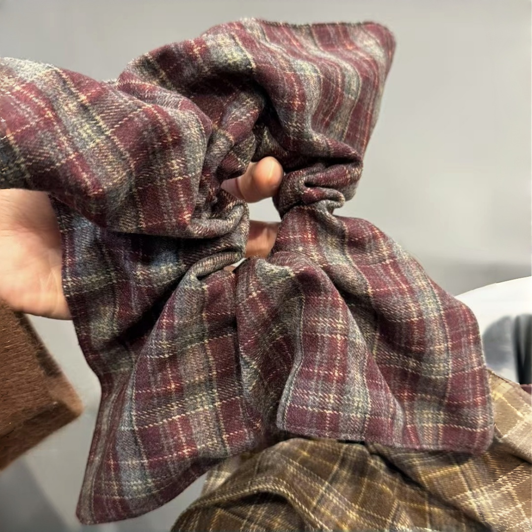 韩国东大门秋冬新款毛呢格子方巾大肠发圈低马尾发绳方形头绳发饰