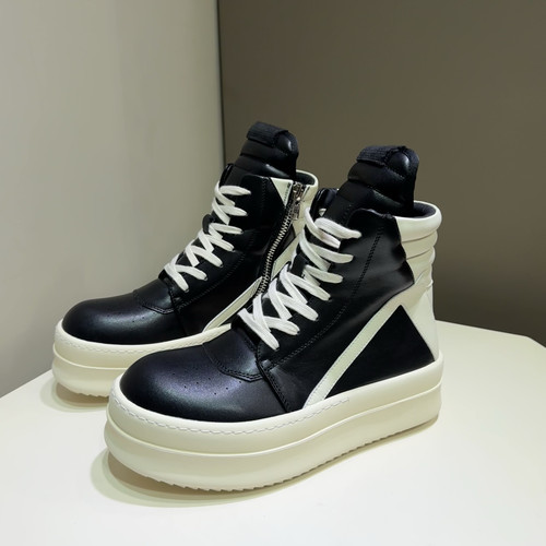 欧洲站倒三角厚底高帮板鞋男女款真皮情侣暗黑色增高机车马丁靴男