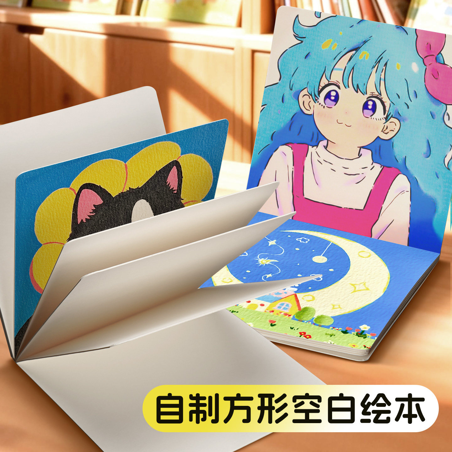 DIY自制正方形绘本硬壳空白册绘画专用儿童幼儿园创意手工立体书画册涂鸦翻翻本美术画画本丙烯马克笔卡纸本