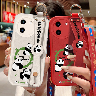 硅胶防摔5G小羊皮软壳镜头全包边背带挂绳新款 卡通熊猫保护套vivo可斜挎腕带Y100 手机壳Y100 适用vivoy100