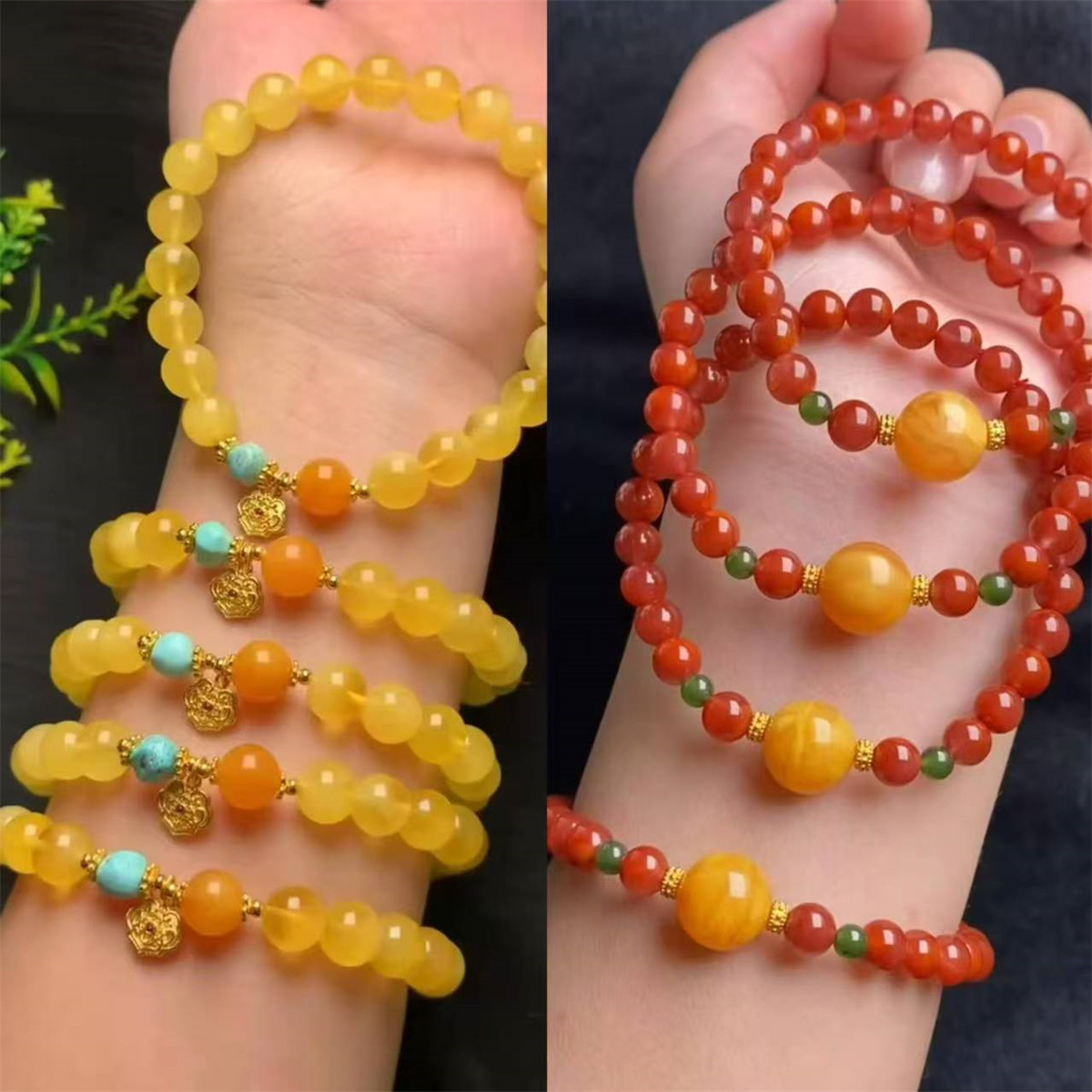 期待已久的蜜蜡来啦~俄罗斯天然老蜜蜡绿松石＋凉山南红手串