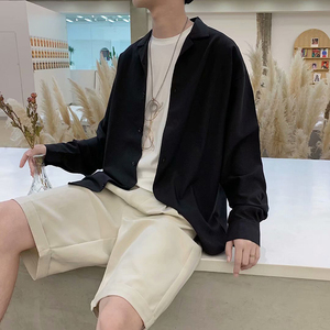 纯色衬衫男春秋新款港版复古bf风宽松百搭开叉上衣中长款长袖衬衣图片