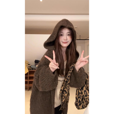 慵懒风连帽针织开衫大衣女宽松秋冬加厚保暖粗毛线毛衣外套女长款