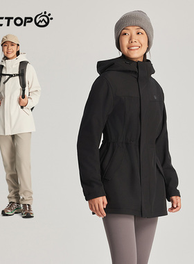 TECTOP探拓户外秋冬季中长款软壳衣女式加绒防风保暖收腰连帽外套