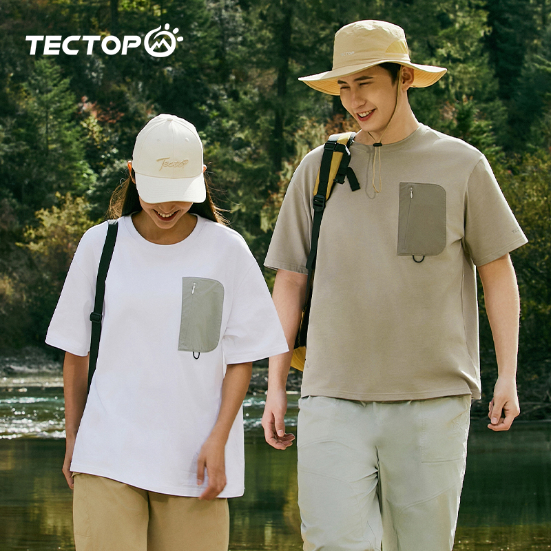 TECTOP探拓户外拼接口袋纯棉短袖男女式通款运动健身休闲圆领T恤