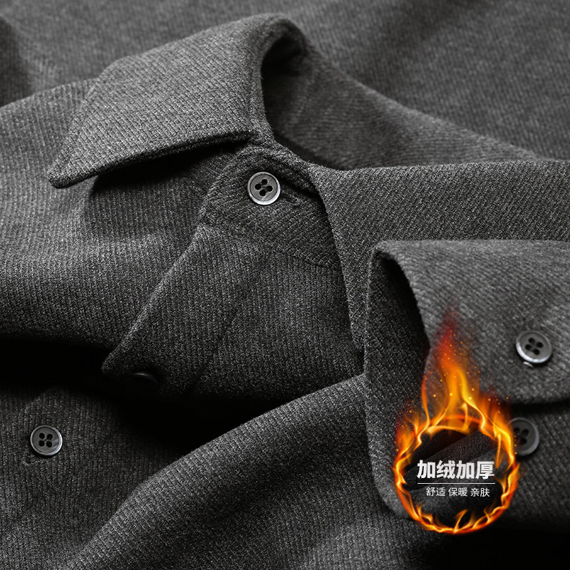高端冬季加绒加厚保暖磨毛呢衬衫男长袖修身商务休闲抗皱衬衣男士