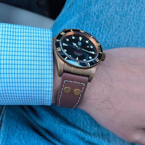 Lugran青铜铆钉表带飞行员铜花霍尔文牛皮表带20/21/22mm