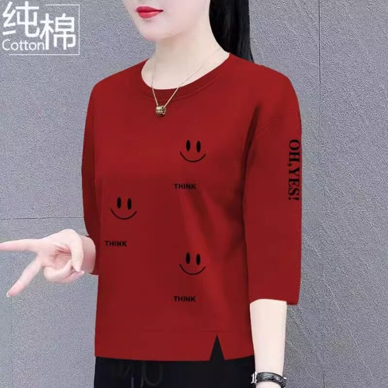 中年妈妈宽松显瘦开叉T恤女夏装新款洋气时尚印花七分袖遮肚上衣