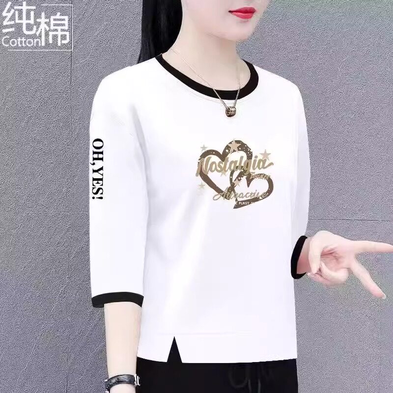 纯棉七分袖t恤女夏装2025新款时尚宽松显瘦遮肉上衣中年妈妈小衫