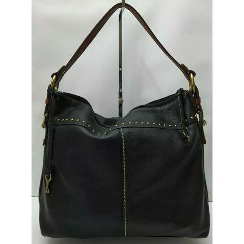 Fossil黑色Pebbles真皮Zipper Closure流浪包单肩包