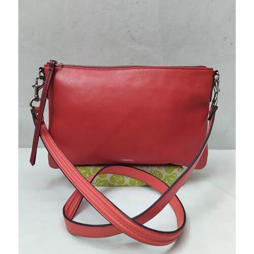Fossil红色真皮Credit卡Slots Zipper Closure斜挎包