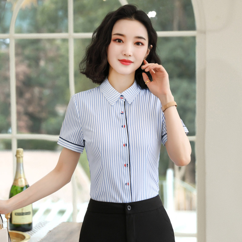 职业工装修身收腰蓝色条纹衬衫