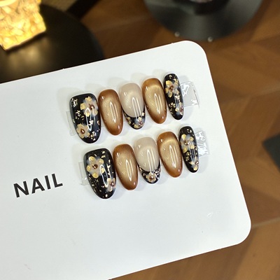 （鎏金繁花）逸绘中古老钱风复古黑金花手绘高级感纯手工穿戴甲