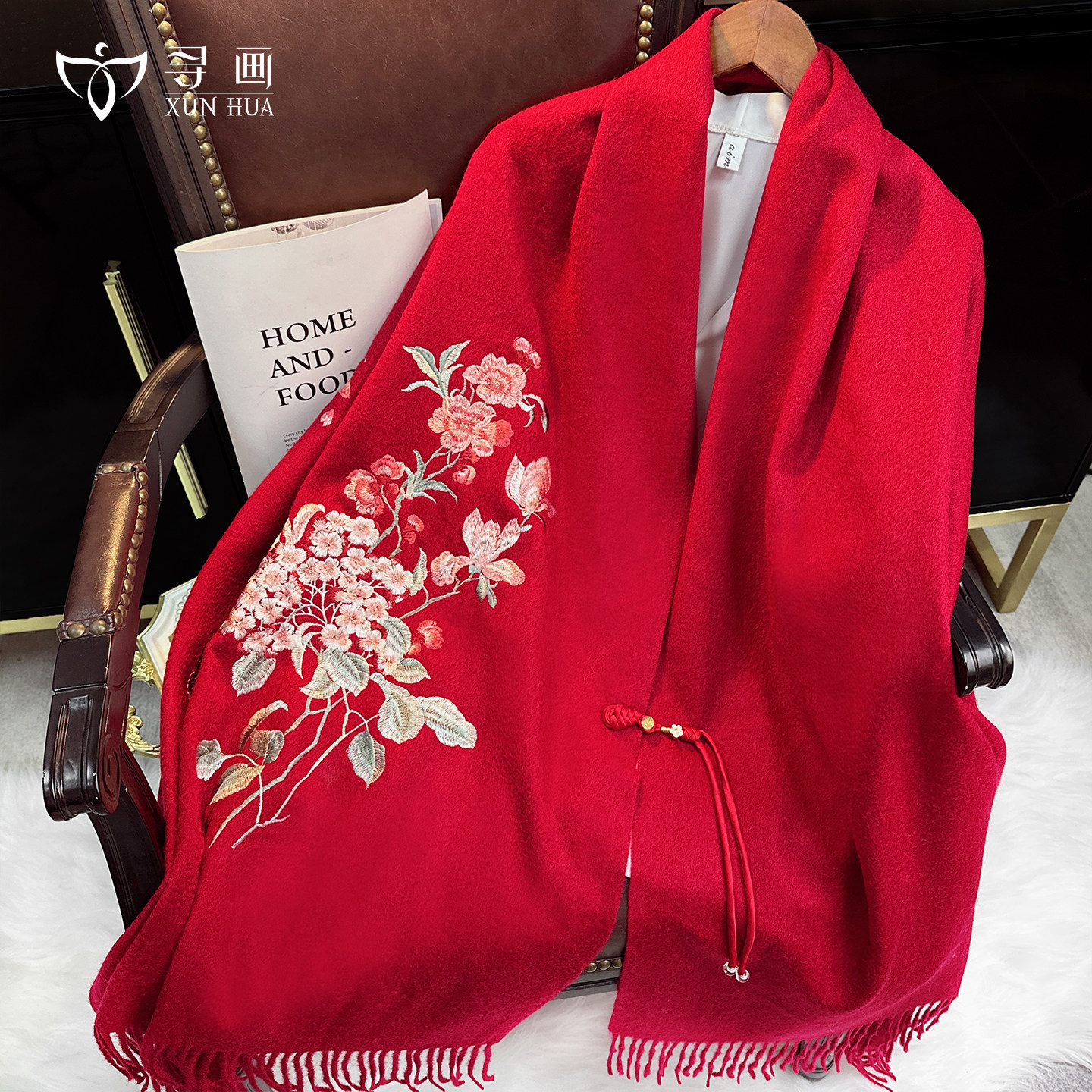 纯羊毛围巾旗袍披肩中式刺绣婚礼妈妈女外搭2025新款斗篷红色礼盒