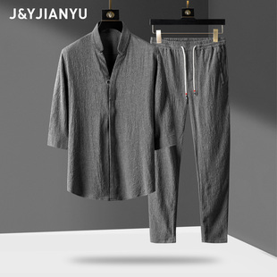 套装 长裤 轻奢中国风复古短袖 男运动休闲五分袖 子两件套春夏季 薄款