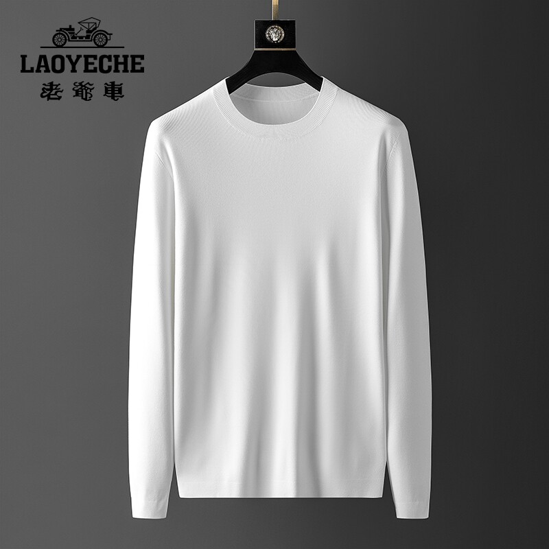 【老爷车】高端白色打底衫男春秋款宽松内搭圆领t恤长袖针织上衣