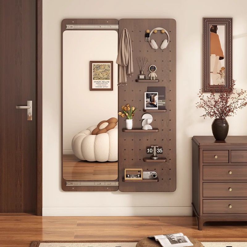 洞洞板木质穿衣镜隐藏式推拉全身镜子家用对开门壁挂墙玄关试衣镜