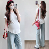 V领短袖 新款 纯色上衣孕妈妈宽松遮肚不显怀褶皱百搭T恤 夏季 孕妇装