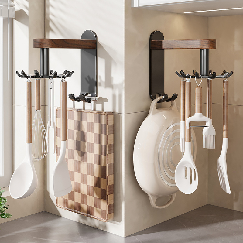 胡桃木厨房旋转挂钩免打孔锅铲置物架菜板壁挂架墙上粘钩中古收纳